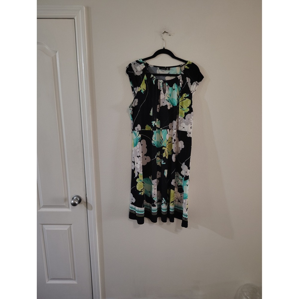 Apt. 9‎ Womens 1X Floral Keyhole Neck Knee Length Dress Black Teal Green Stretch